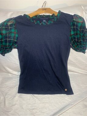 Tommy Hilfiger Navy Tee with Green Plaid Puff Sleeves